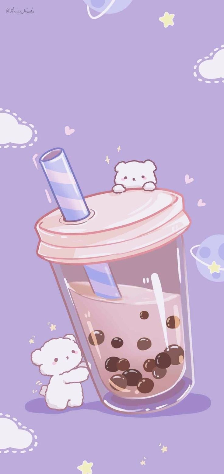 Hình nền tím cute ly trà sữa phong cách hoạt hình dễ thương